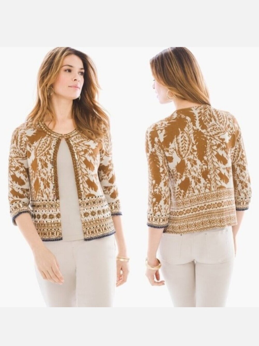 This Chico's women's jacket is a size 2 petite, featuring a beige and brown patt